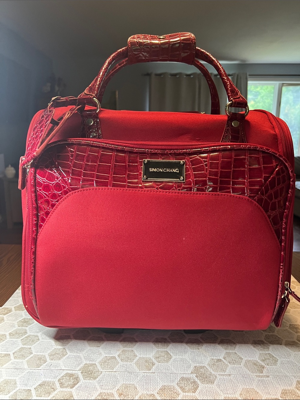 Simon Chang Red Croc-Accent Carry-on Travel Bag